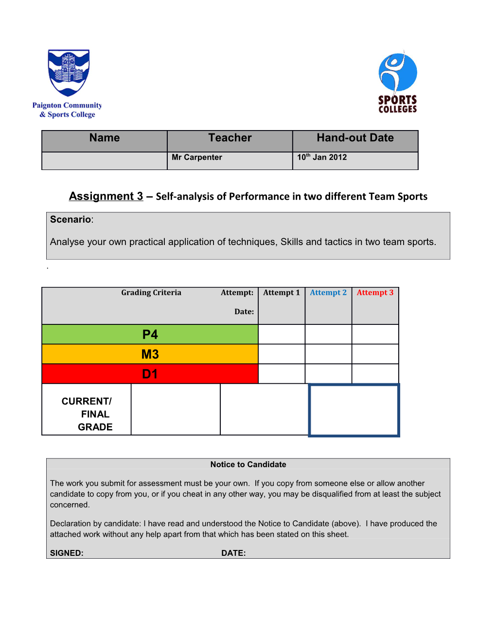 Assignment 3 Self-Analysis of Performance in Two Different Team Sports