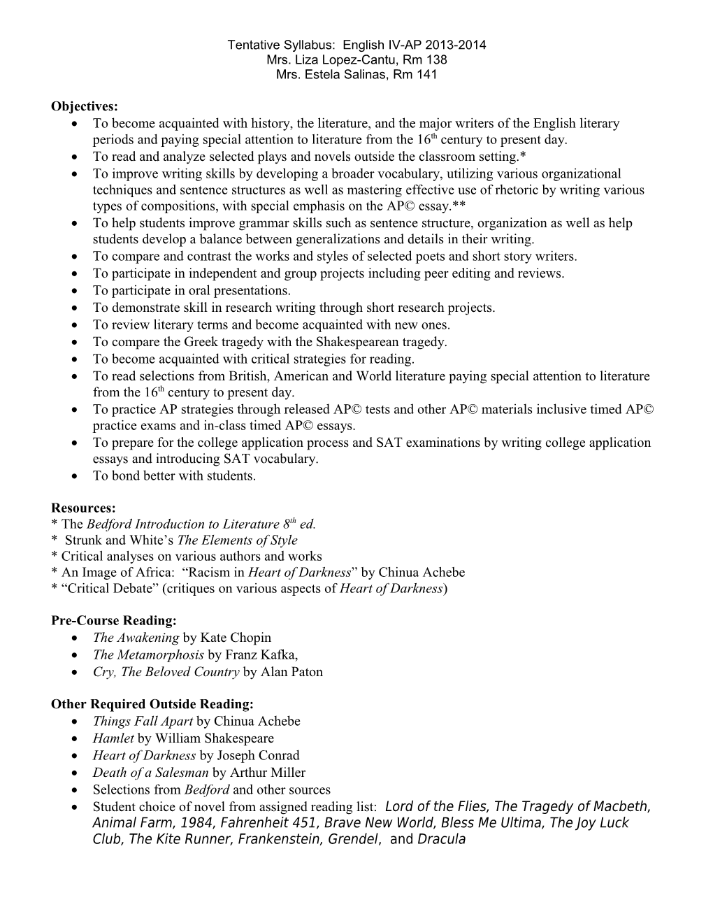 Tentative Syllabus: English IV-AP 2013-2014