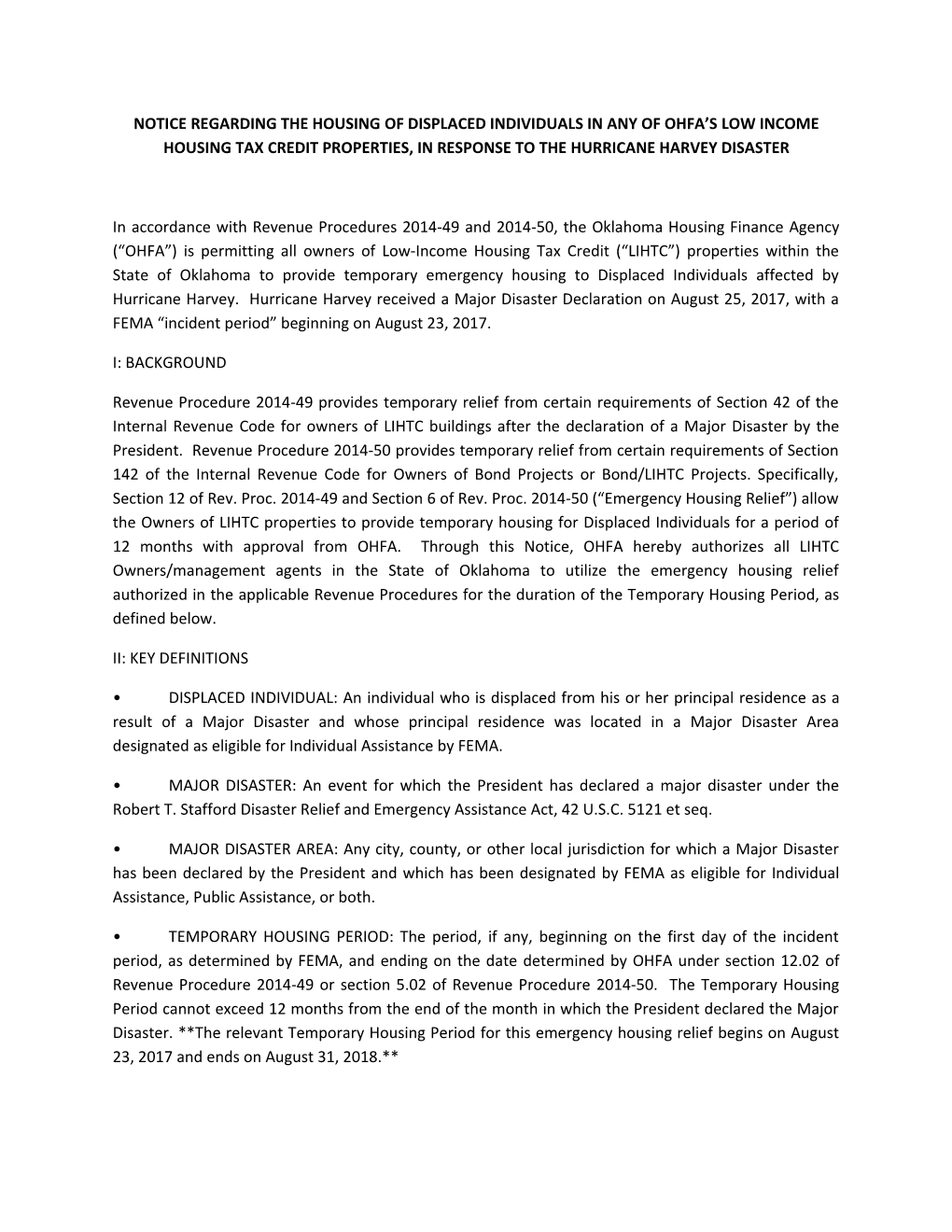 Notice Regarding the Housing of Displaced Individuals in Any of Ohfa S Low Income Housing