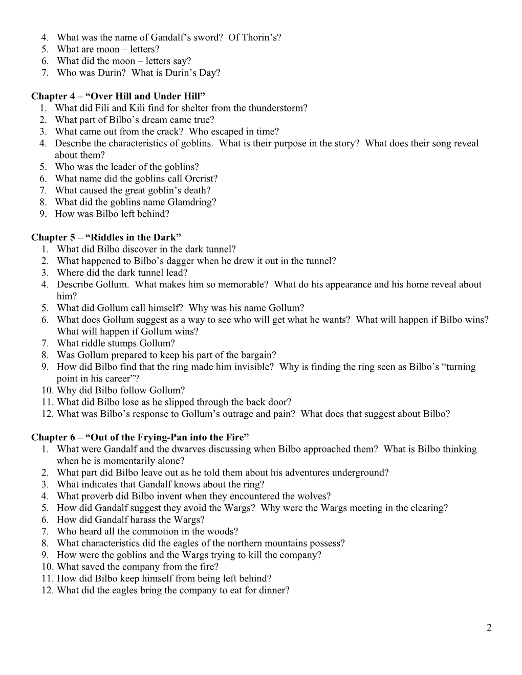 Study Guide Questions: the Hobbit by J