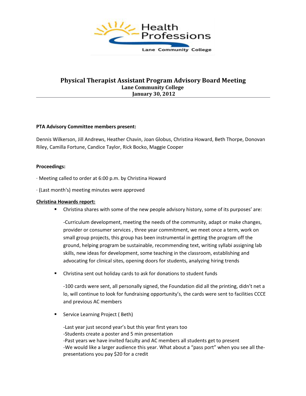 Physical Therapist Assistant Program Advisory Board Meeting