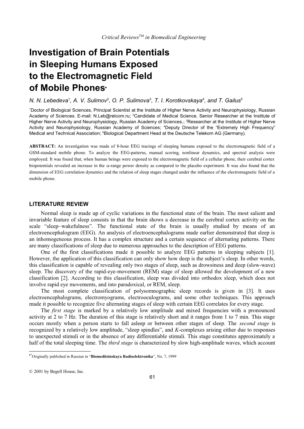 Critical Reviewstm in Biomedical Engineering