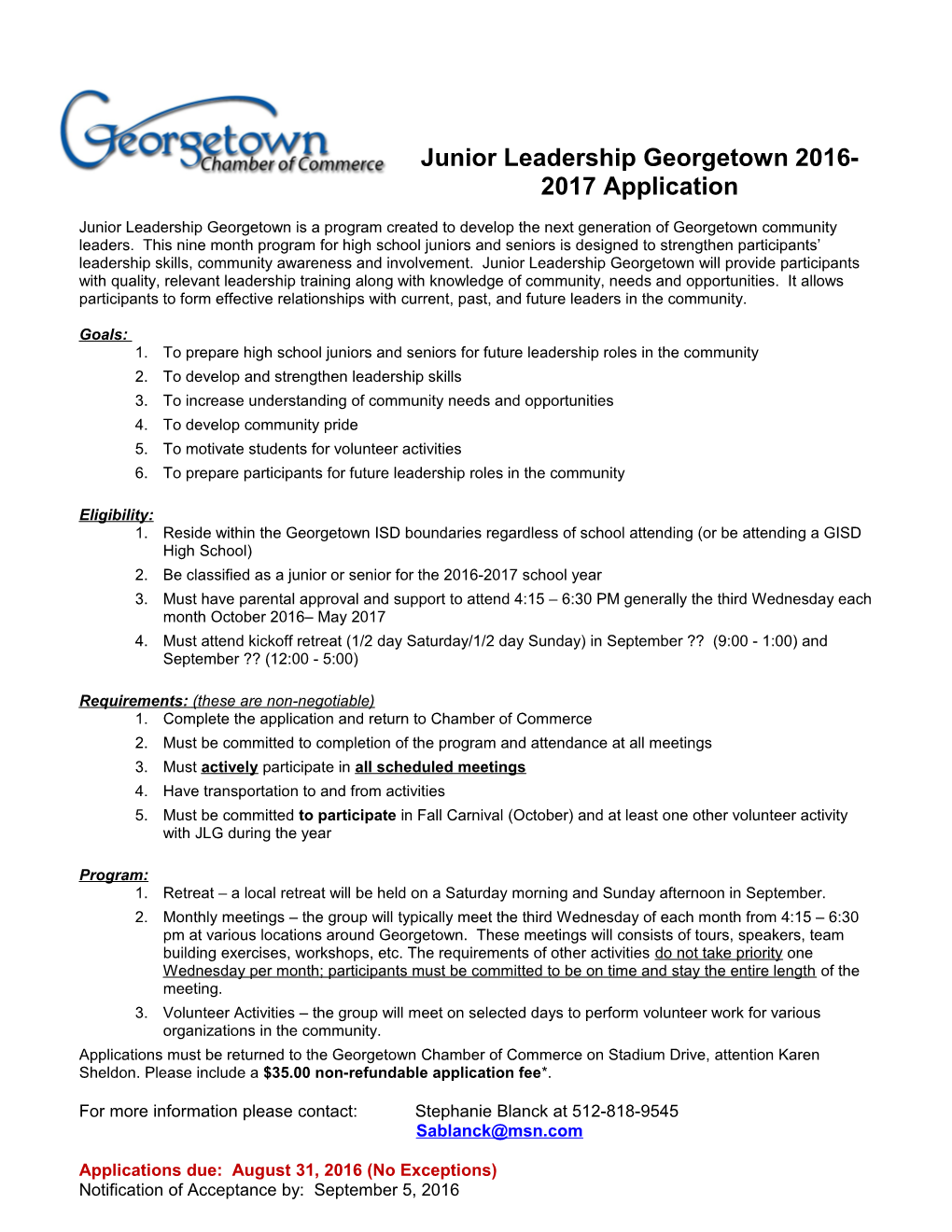 Junior Leadership Georgetown 2016-2017 Application