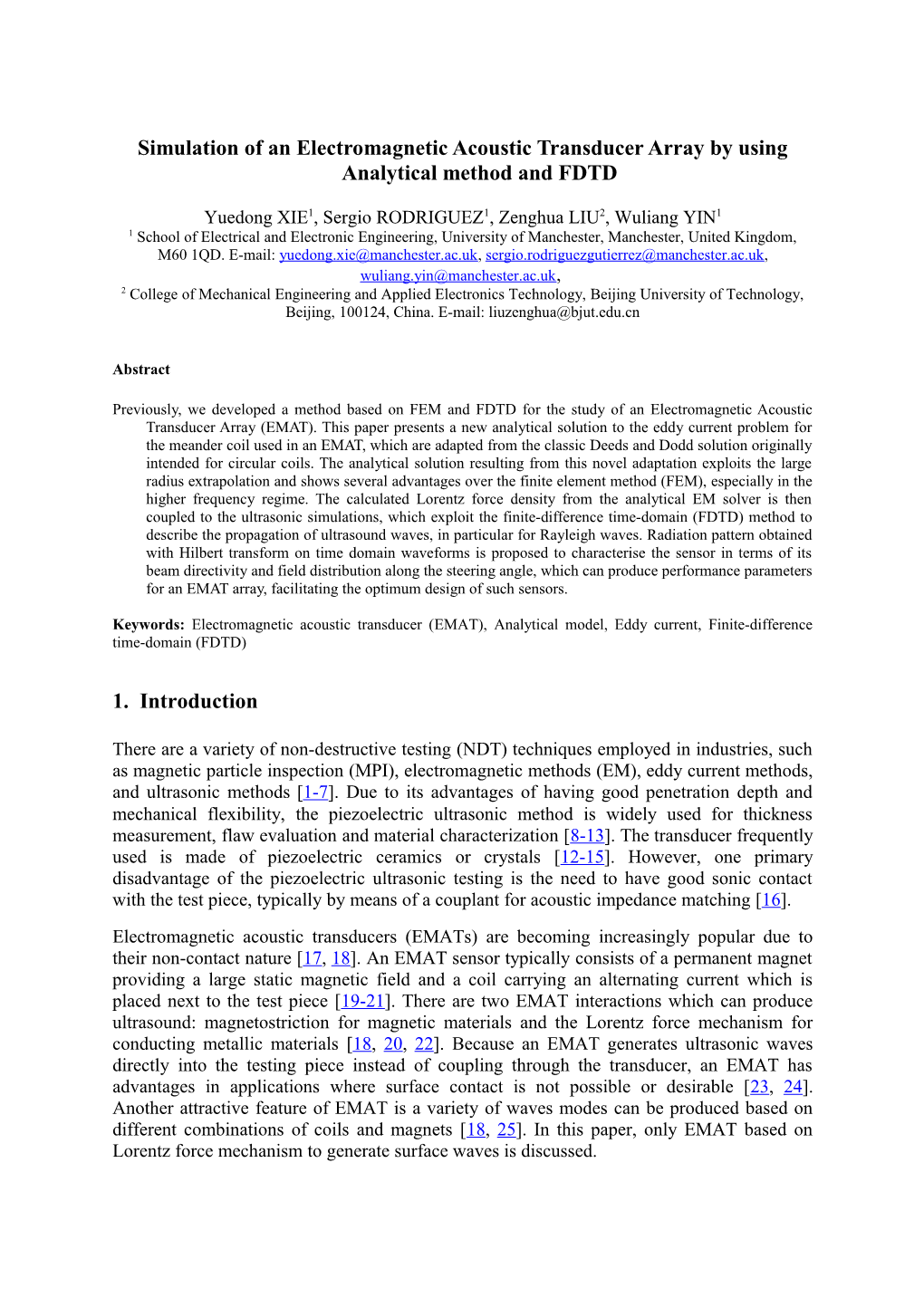 Simulation of an Electromagnetic Acoustic Transducer Array by Using Analytical Method and FDTD