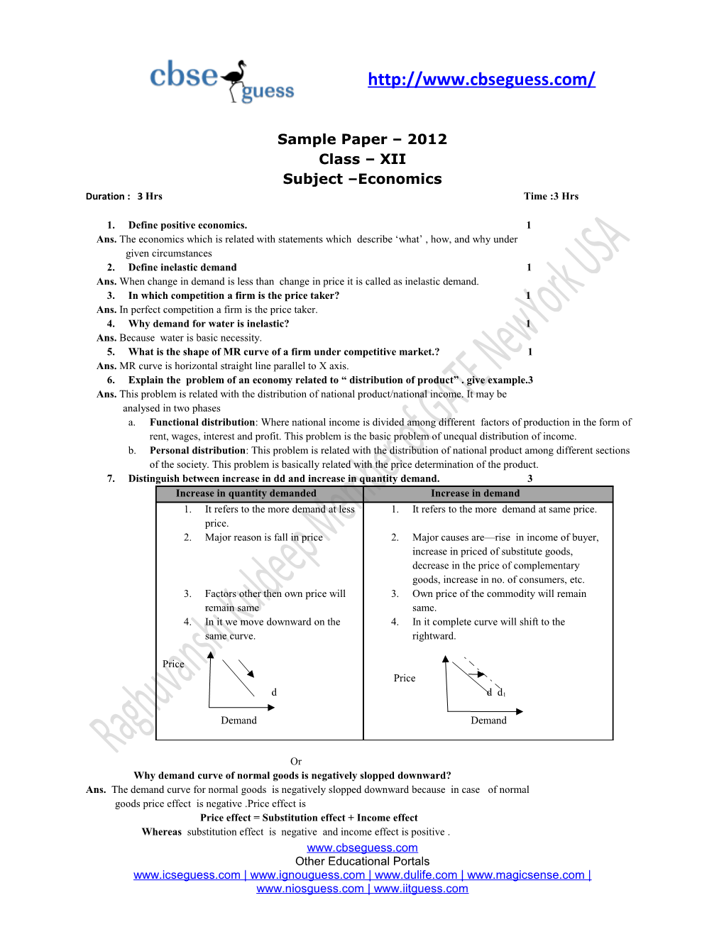 Sample Paper 2012 Class XII Subject Economics