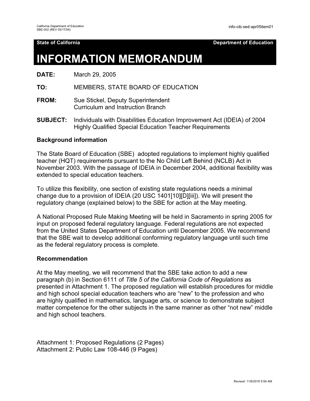 SED Item 01 April 2005 - Information Memorandum (CA State Board of Education)