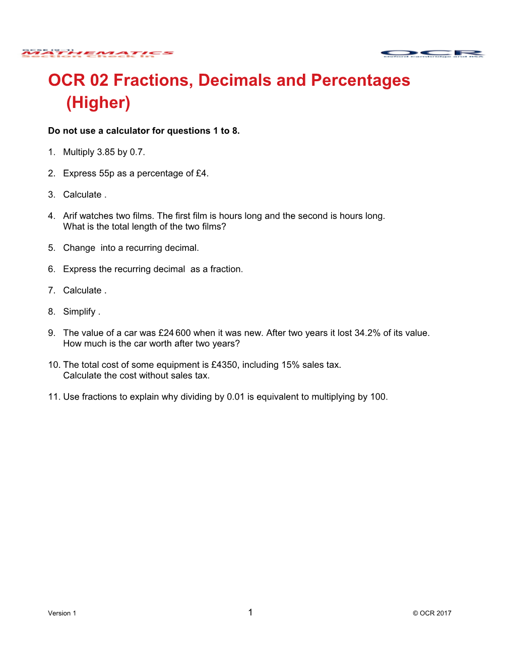 OCR GCSE (9-1) Mathematics Check in 02 Higher