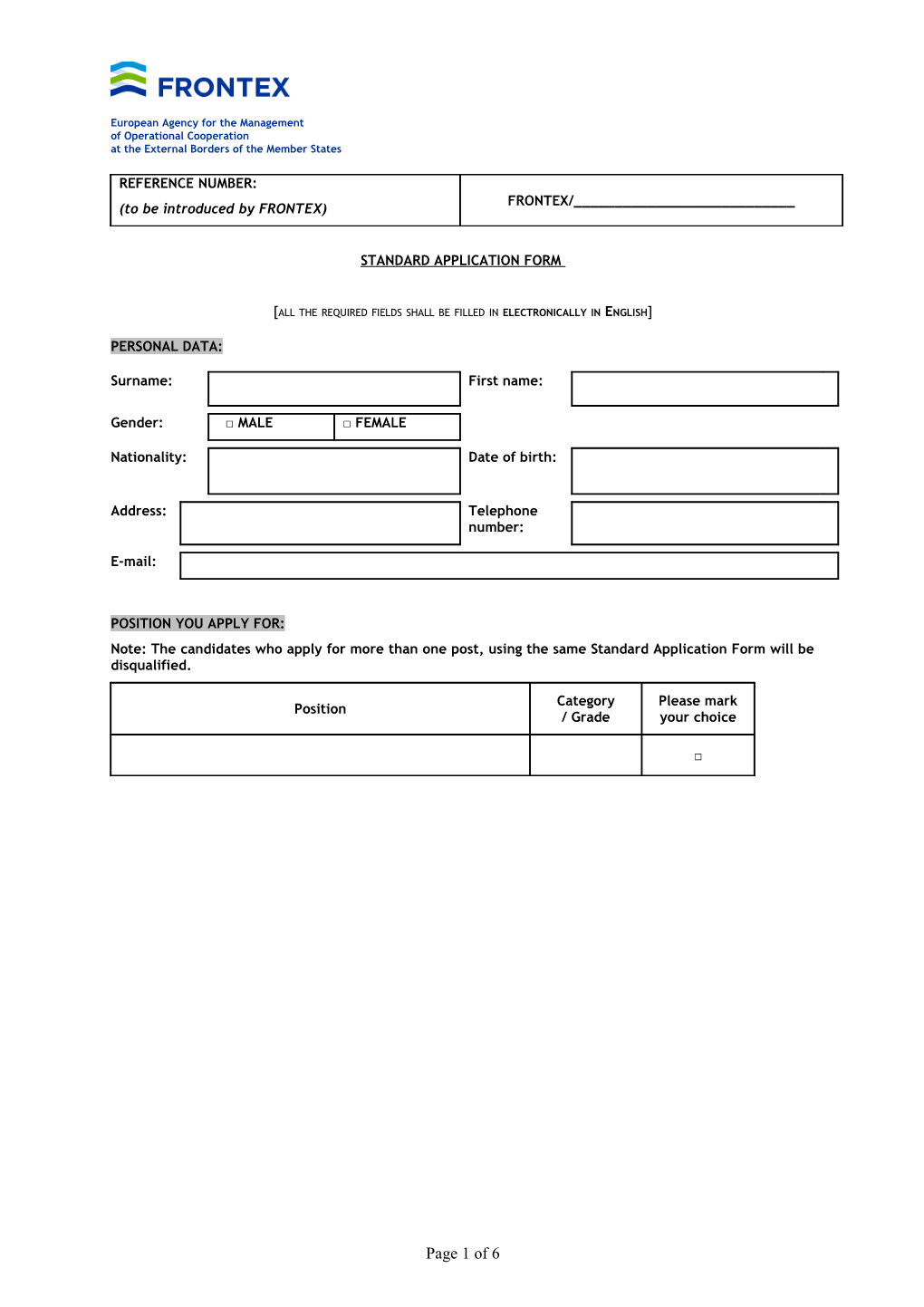 FRONTEX - END Application Form