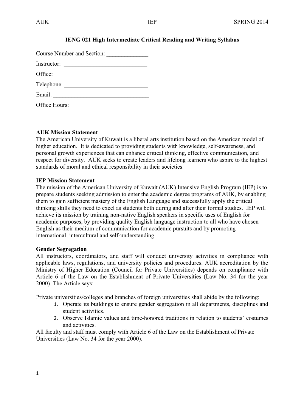 IENG 021 High Intermediate Critical Reading and Writing Syllabus