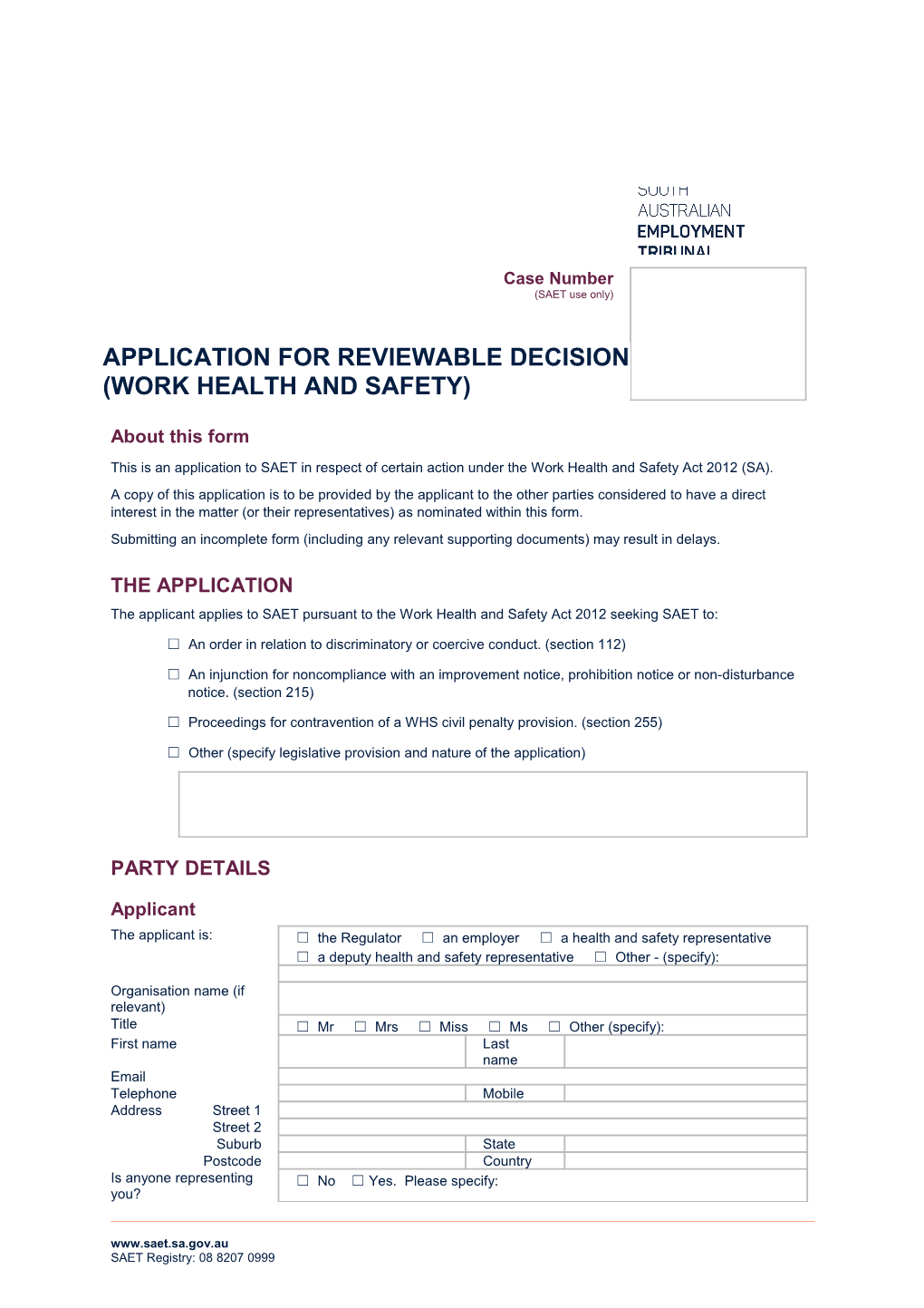 Application for Reviewable Decision (Work Health and Safety)