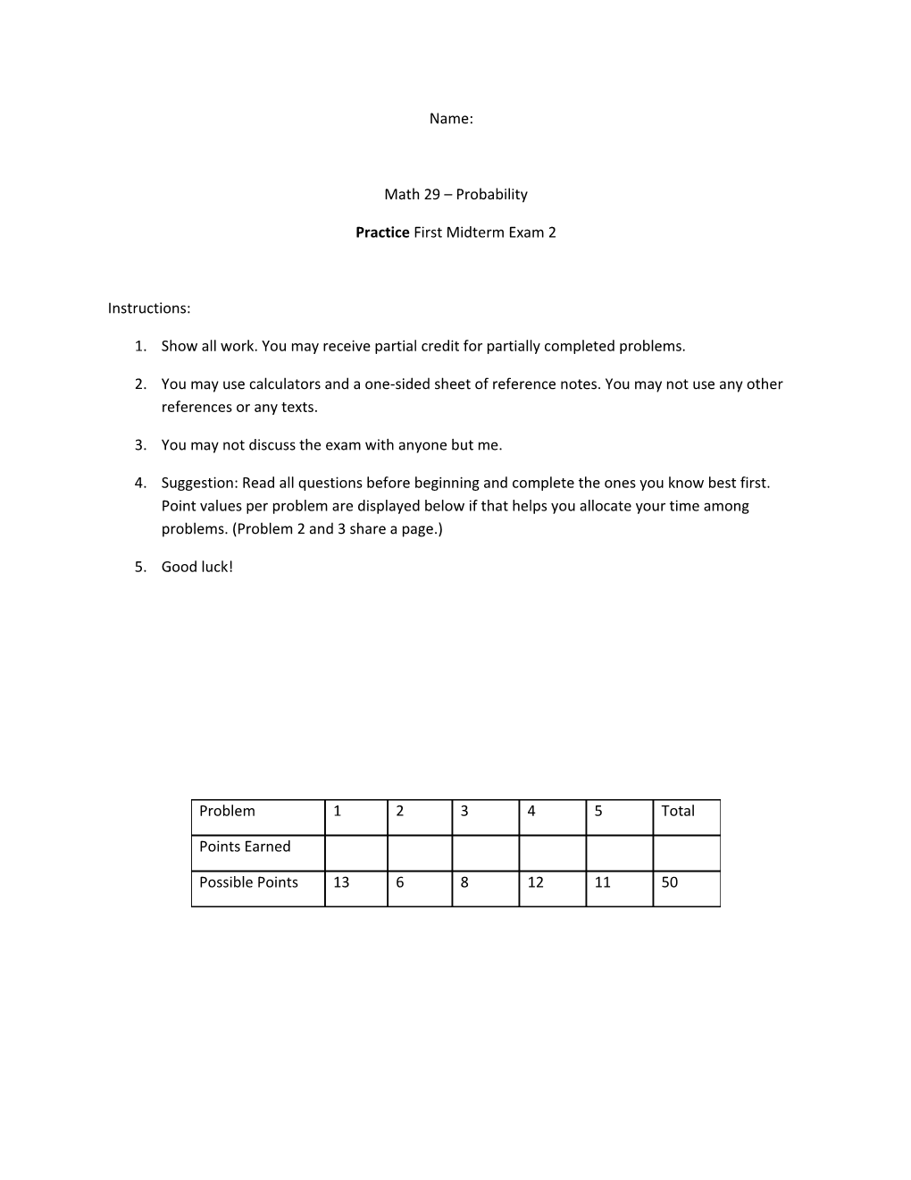 Practice First Midterm Exam 2