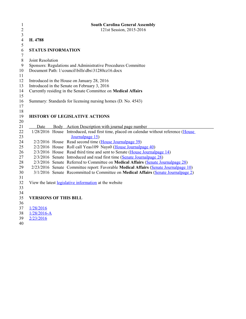 2015-2016 Bill 4788: Standards for Licensing Nursing Homes (D. No. 4543) - South Carolina