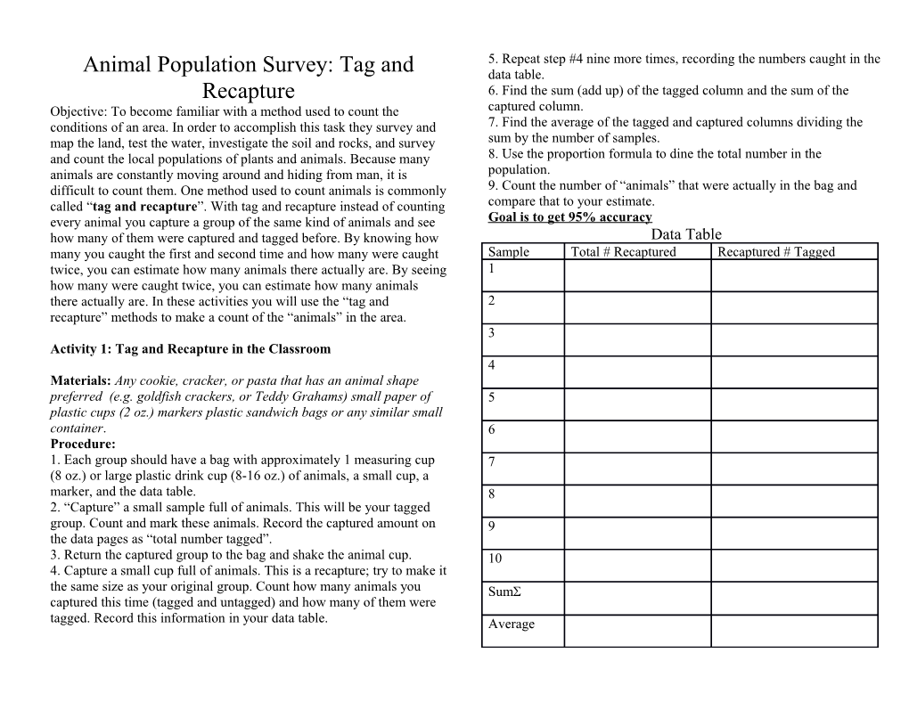 Animal Population Survey: Tag and Recapture