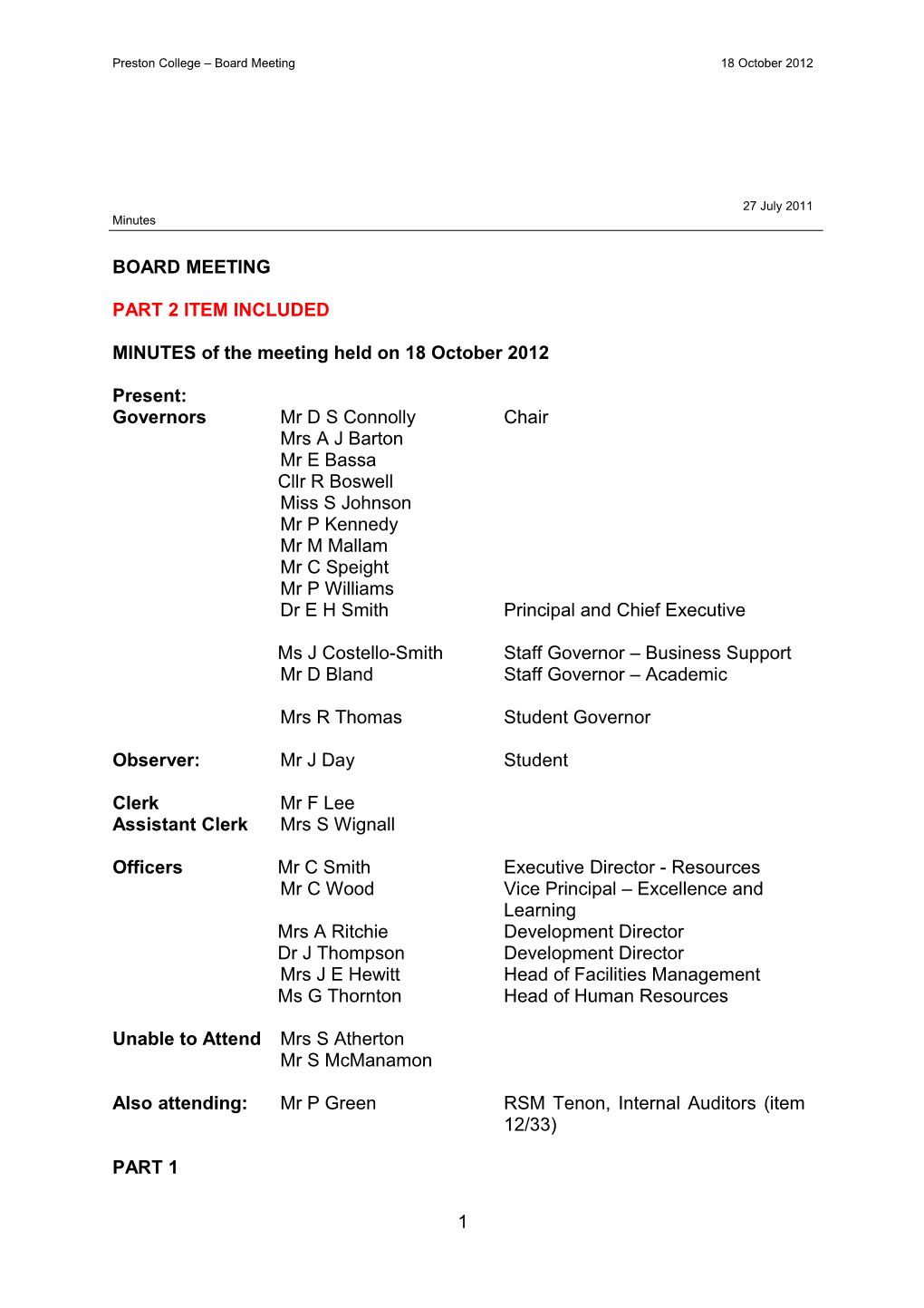 Preston College Board Meeting18 October 2012 27 July 2011