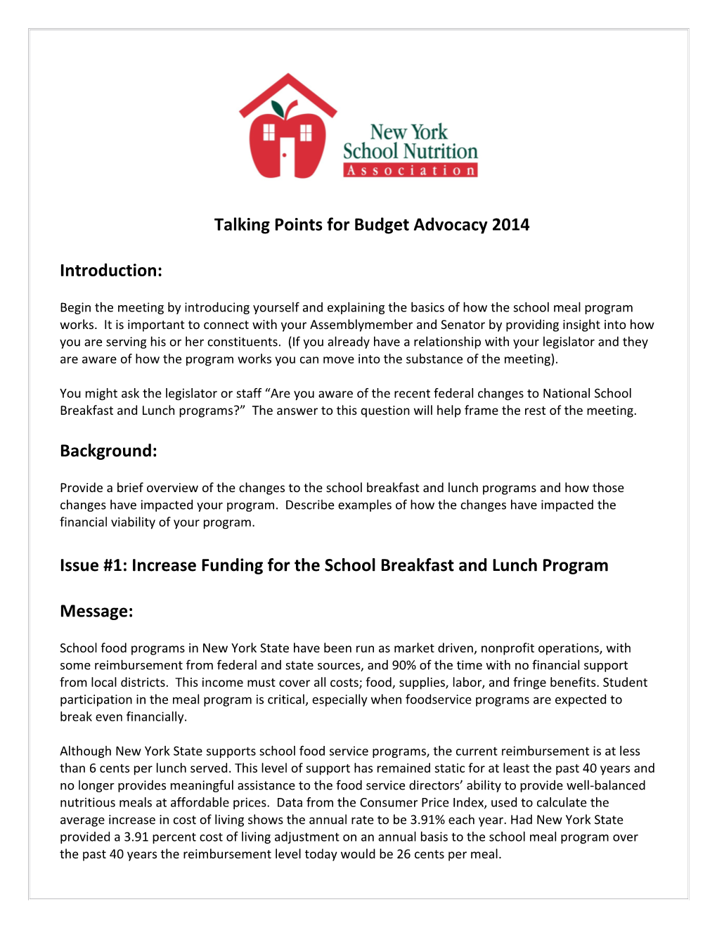 Talking Points for Budget Advocacy 2014