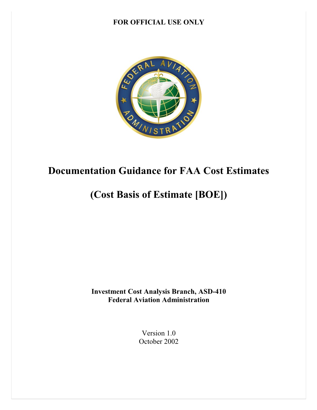 Documentation Guidance for FAA Cost Estimates
