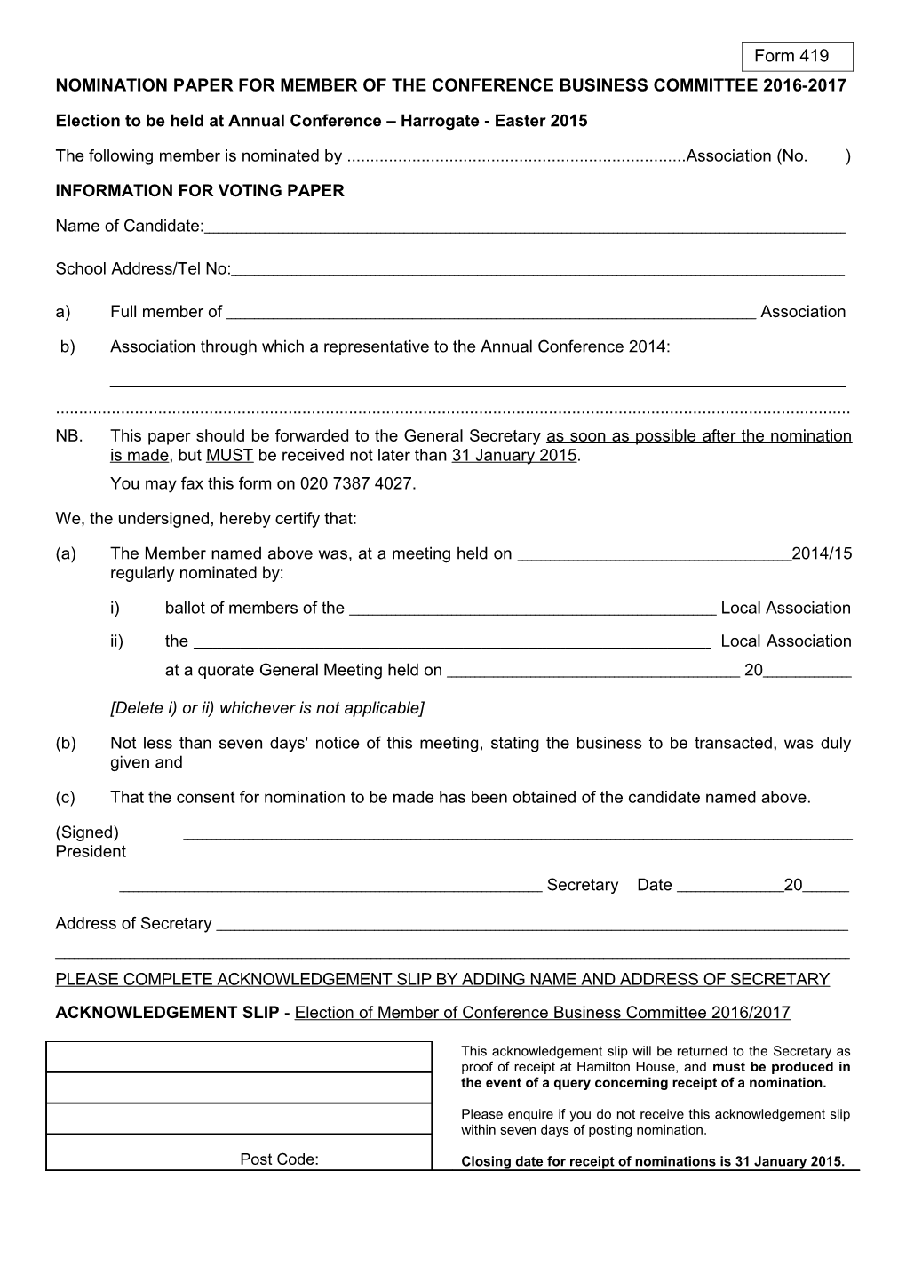 Nomination Paper for Member of the Conference Business Committee 2016-2017