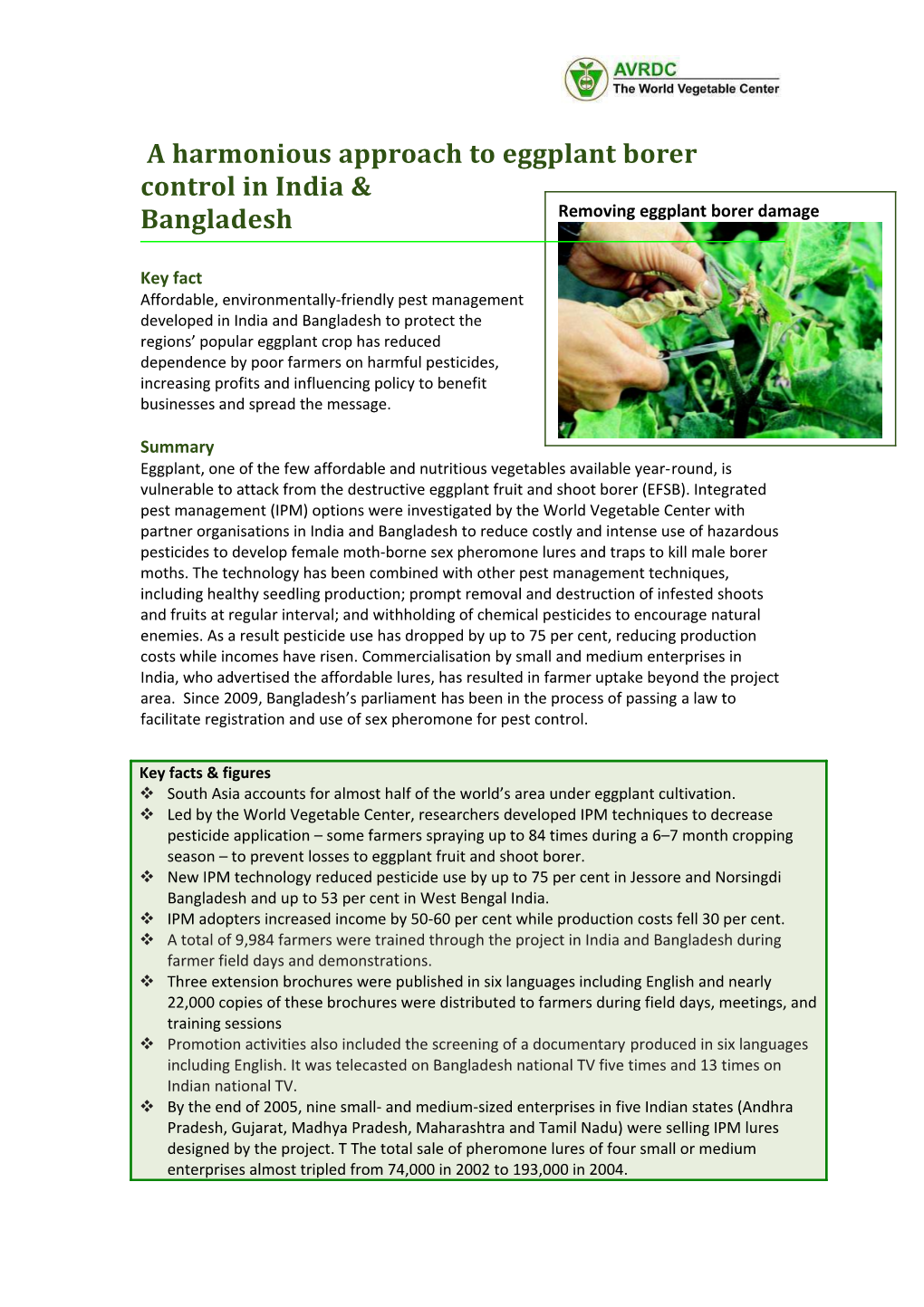 A Harmonious Approach to Eggplant Borer Control in India and Bangladesh