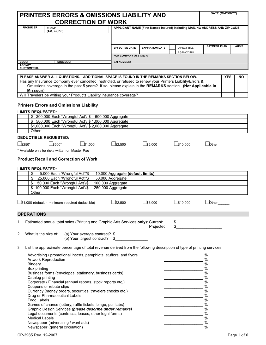 Travelers Printers Liability E & O Application