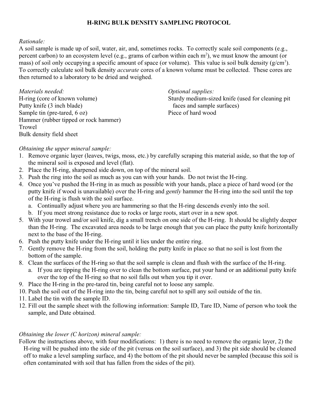 Protocol for Collecting Bulk Density Samples with an H-Ring