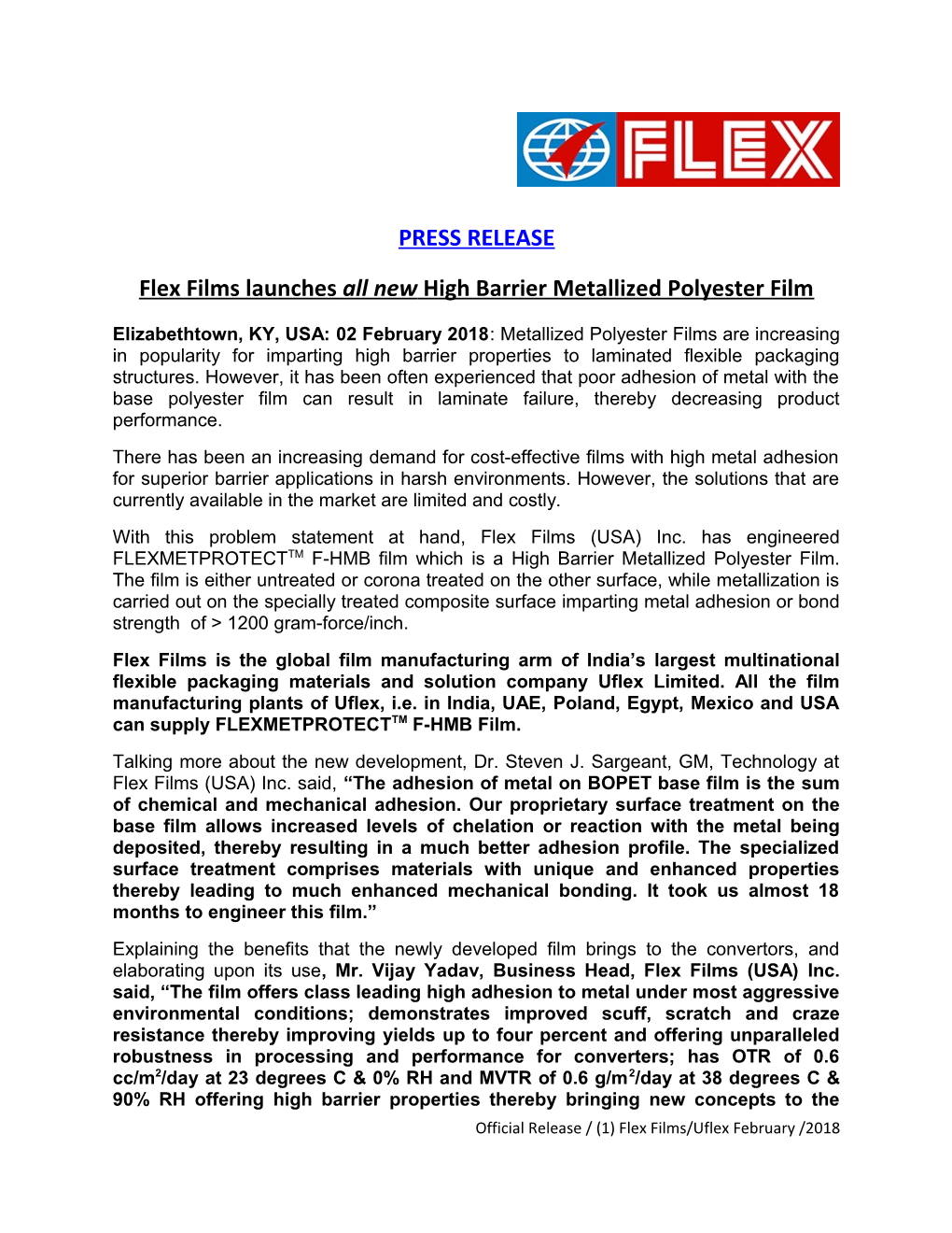 Flex Films Launches All Newhighbarrier Metallized Polyester Film