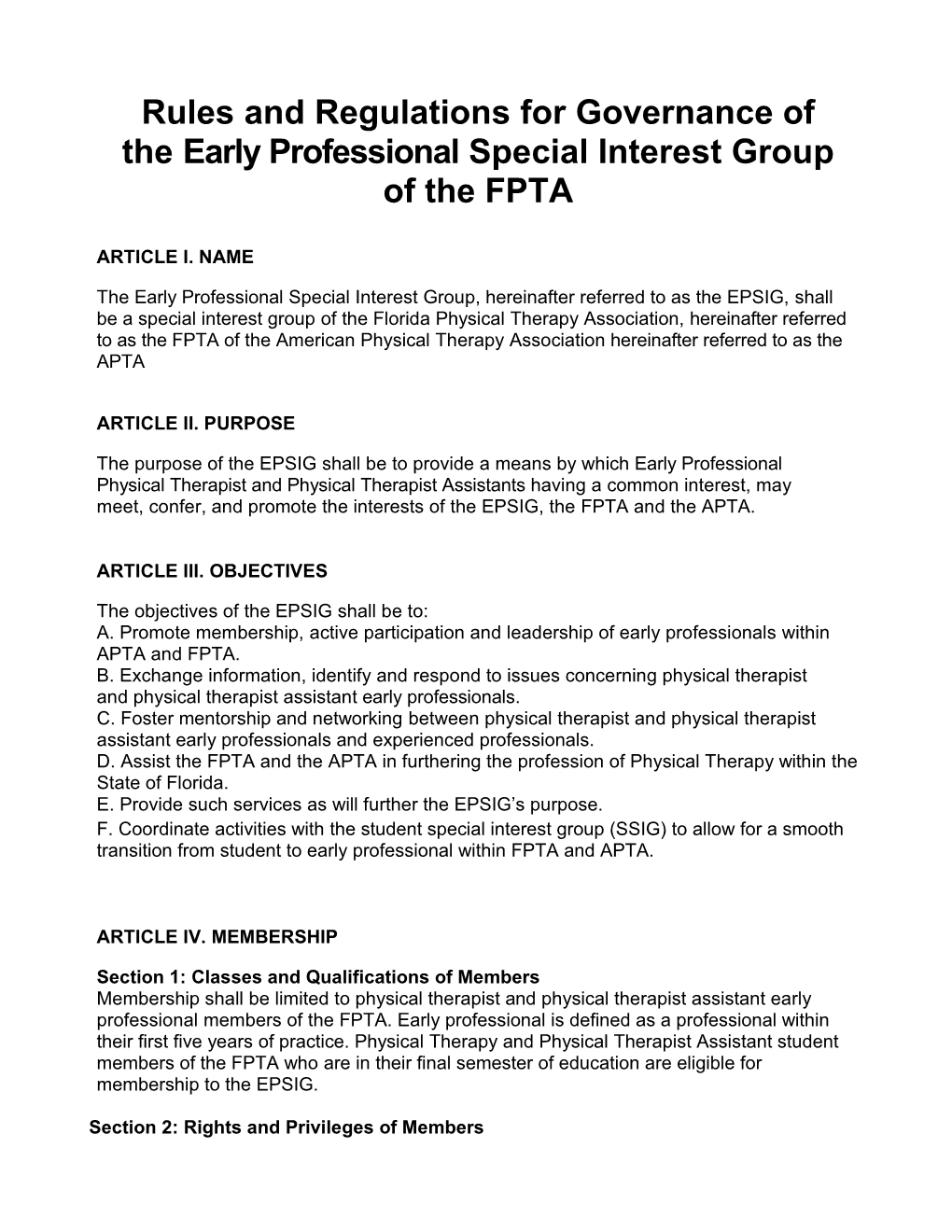 Rulesandregulationsforgovernanceof Theearly Professional Specialinterestgroupofthe FPTA
