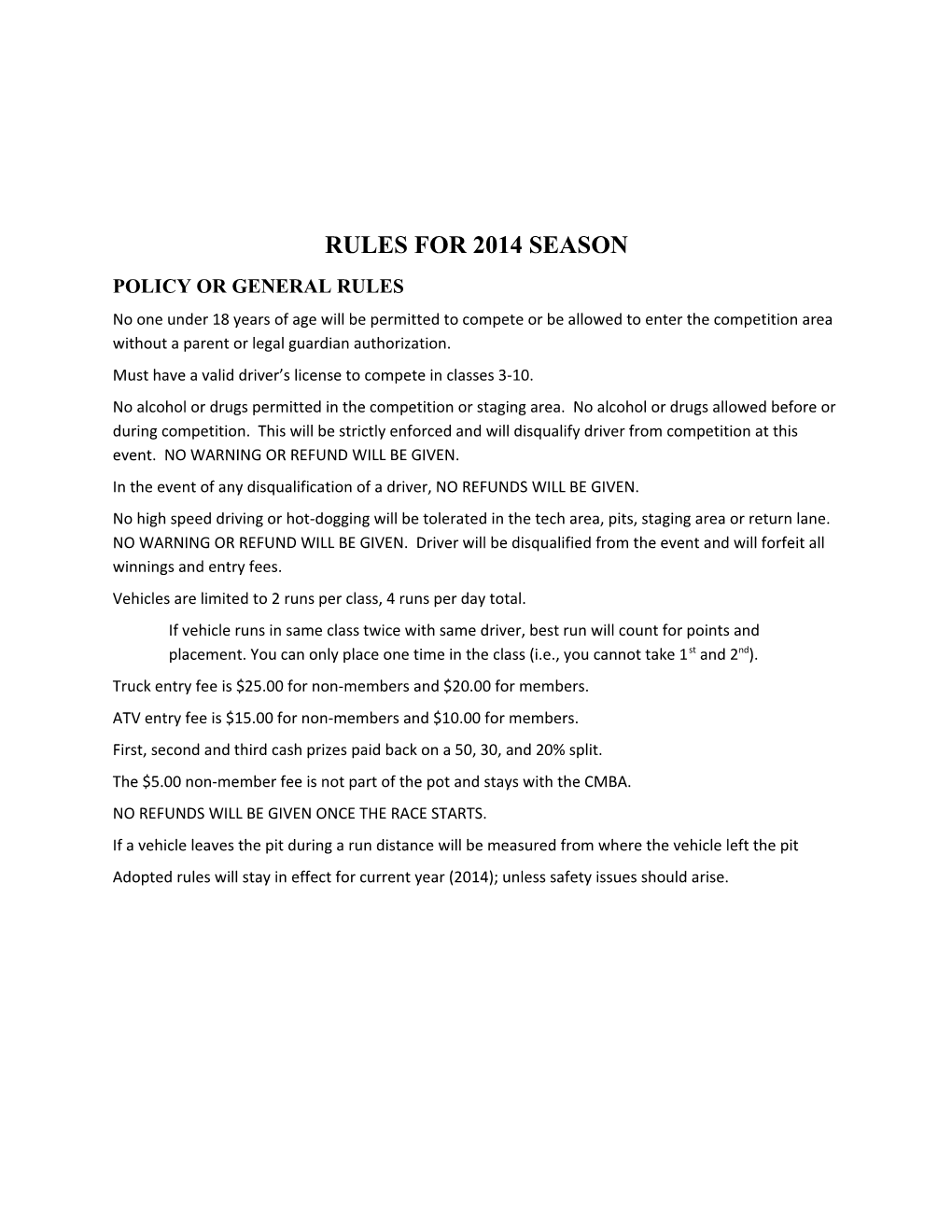 Rules for 2014 Season