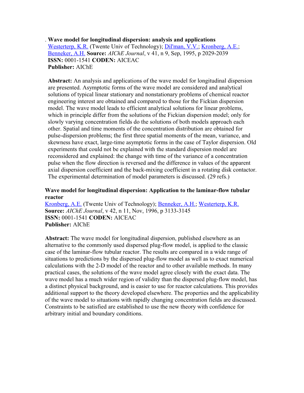 Wave Model for Longitudinal Dispersion: Application to the Laminar-Flow Tubular Reactor