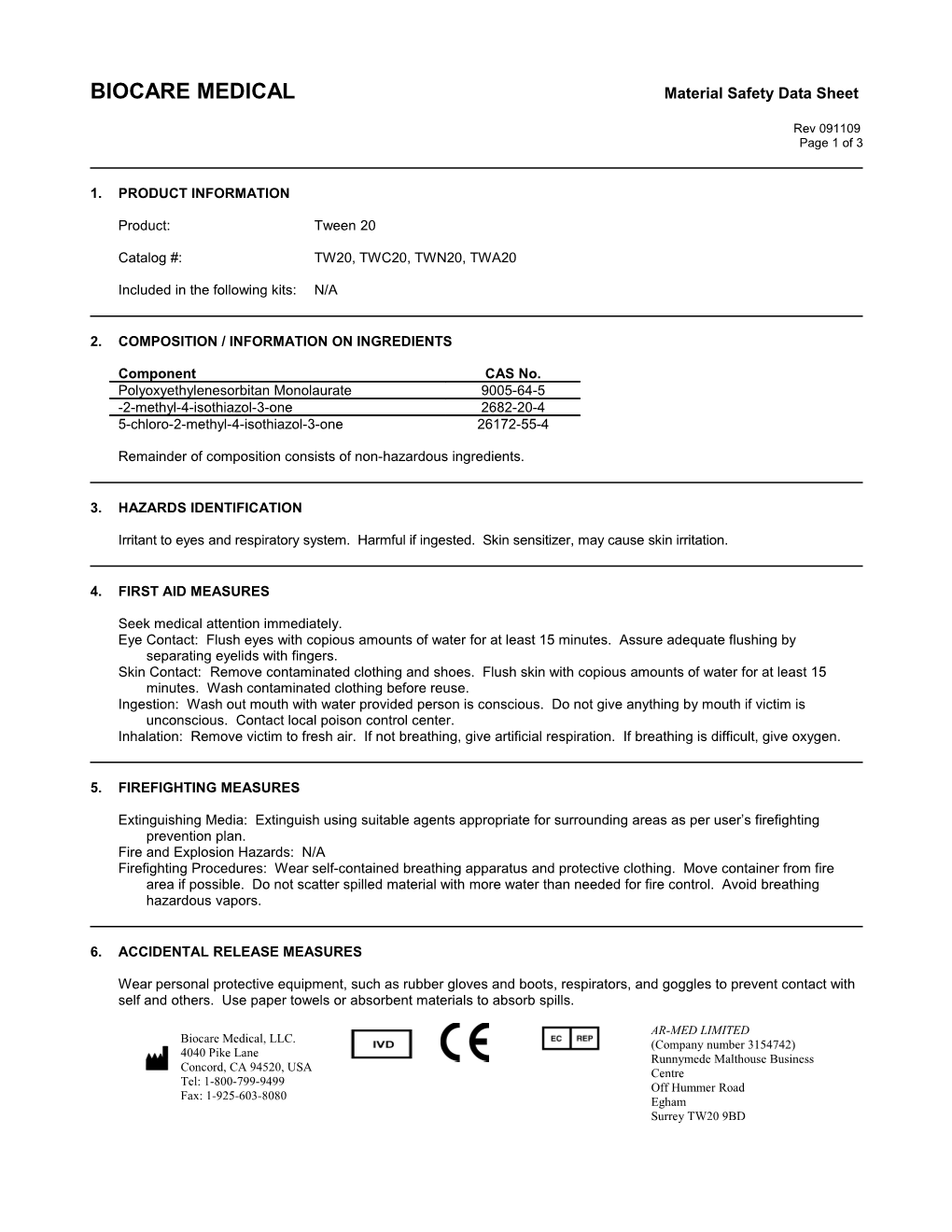 BIOCARE Medicalmaterial Safety Data Sheet
