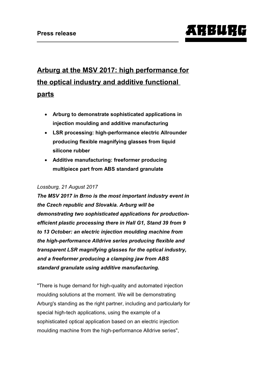 Arburg at the MSV 2017: High Performance for the Optical Industry and Additive Functional