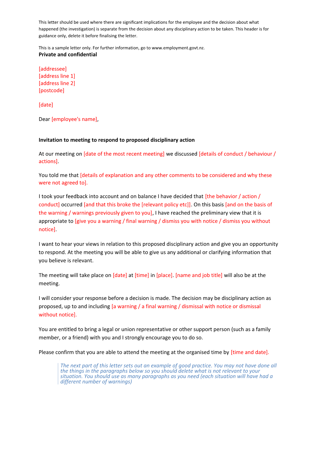 Sample Letter - Invitation to Attend Meeting to Respond to Proposed Disciplinary Action