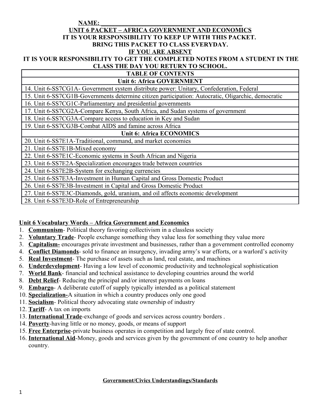 Unit 6 Packet Africa Government and Economics