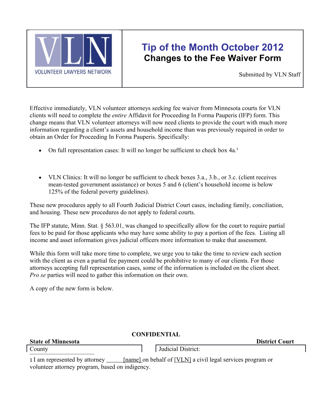 Effective Immediately, VLN Volunteer Attorneys Seeking Fee Waiver from Minnesota Courts