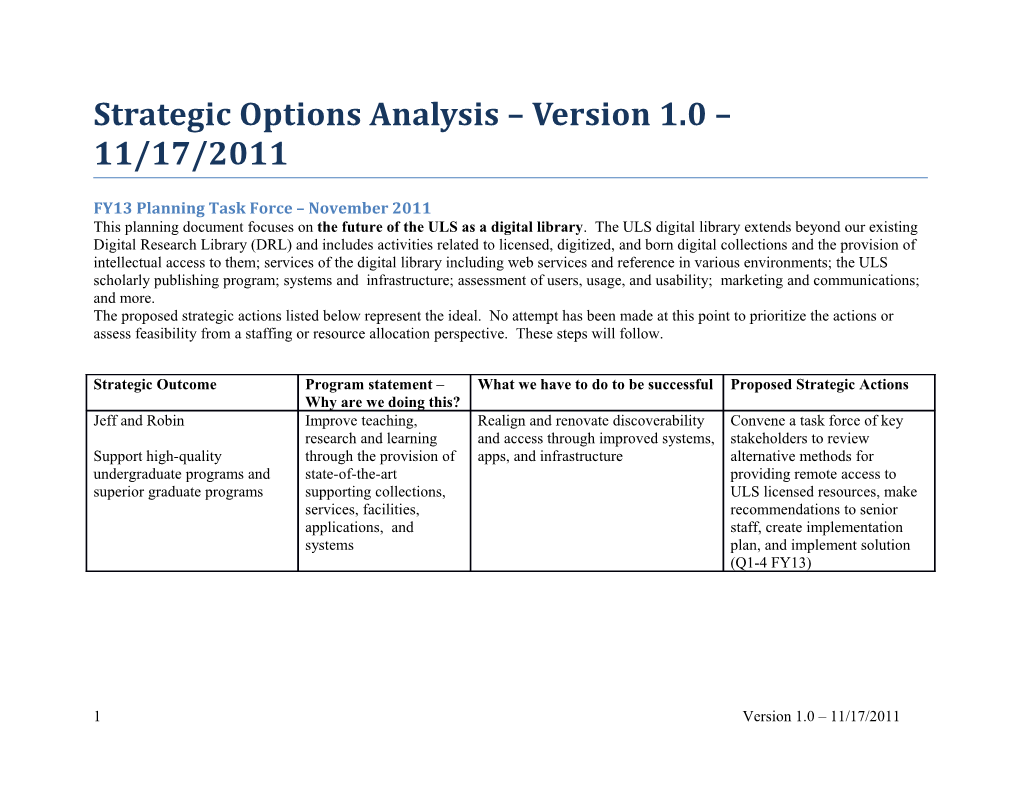 Strategic Options Analysis Version 1.0 11/17/2011