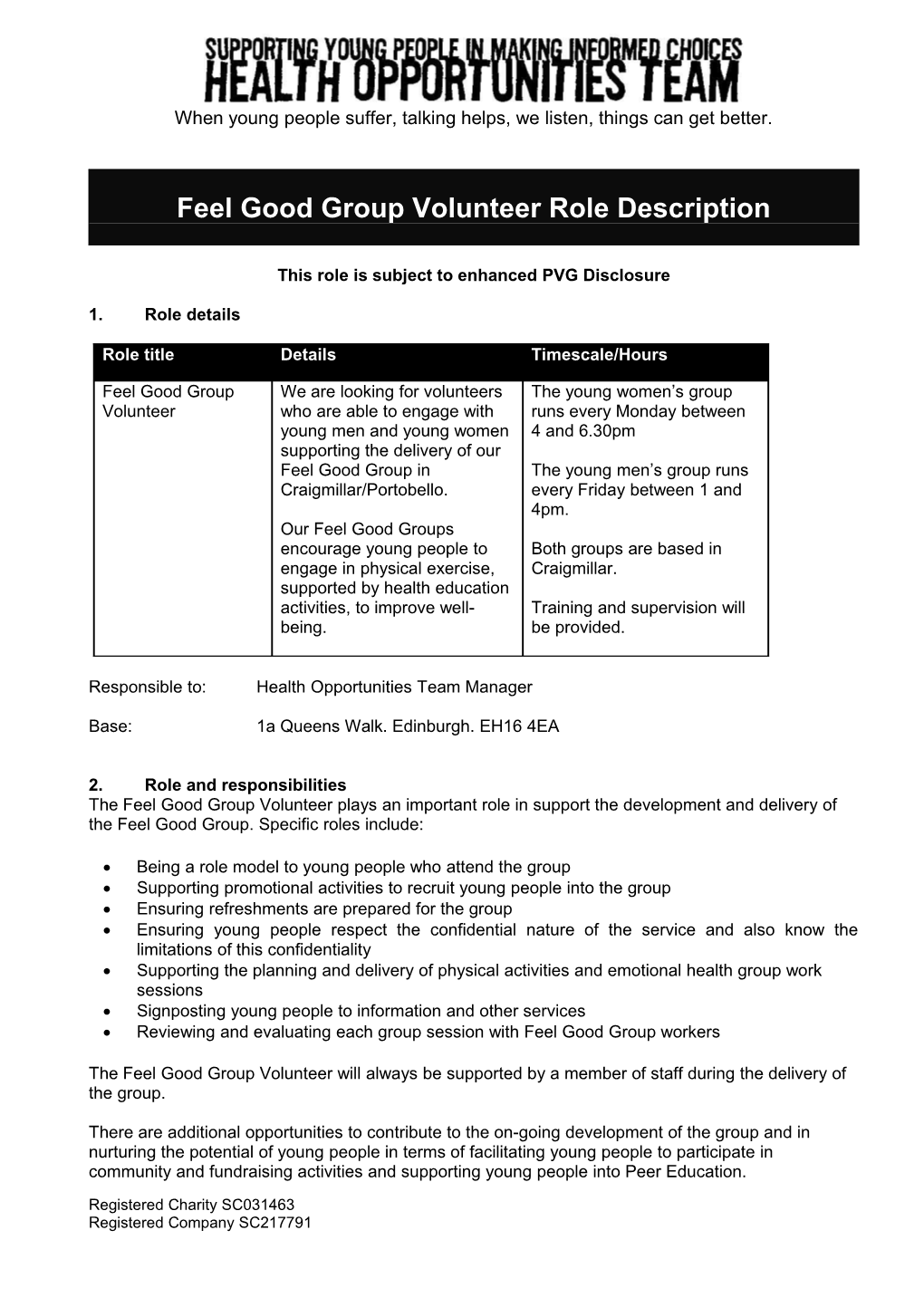 Feel Good Group Volunteer Role Description