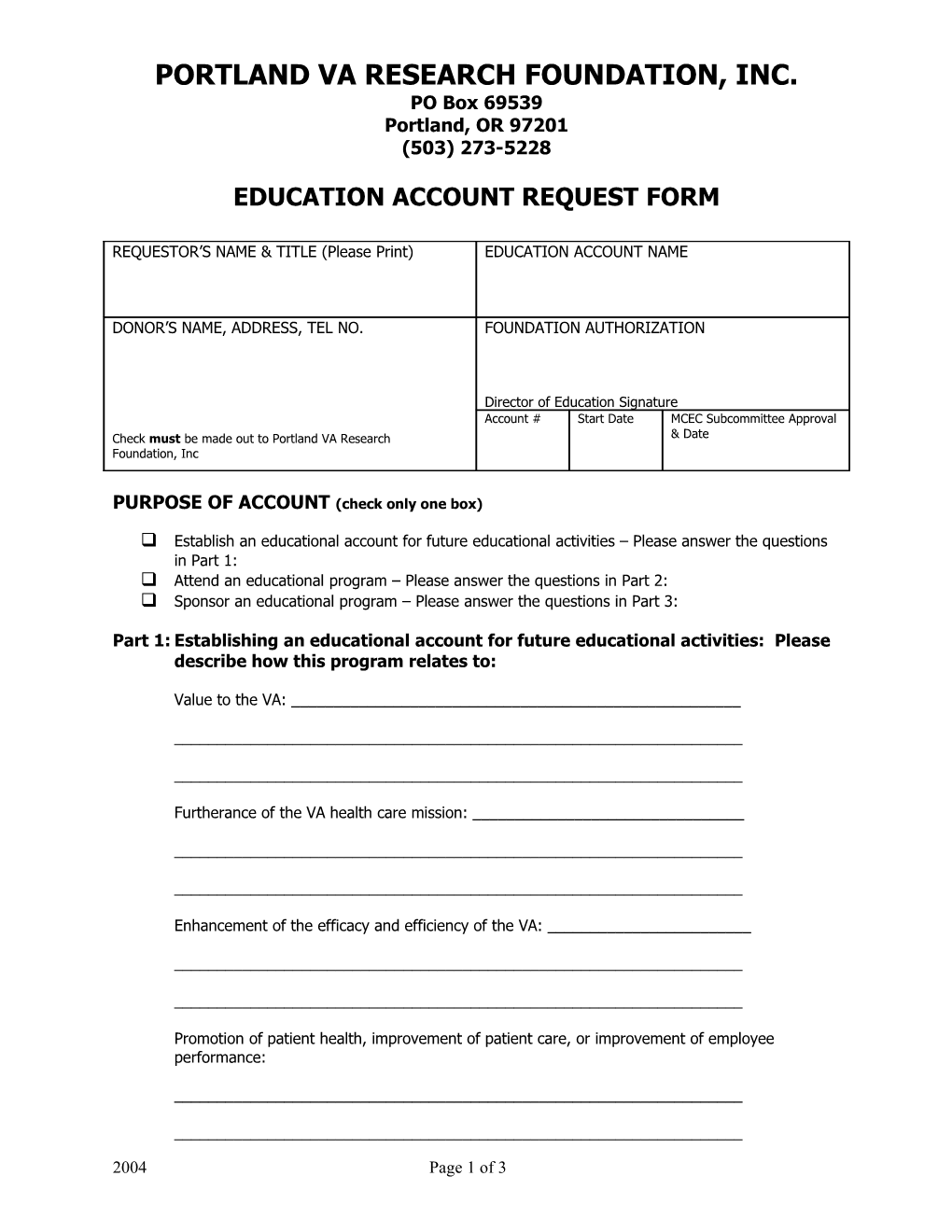 Education Account Request Form (Portland VA Research Foundation)