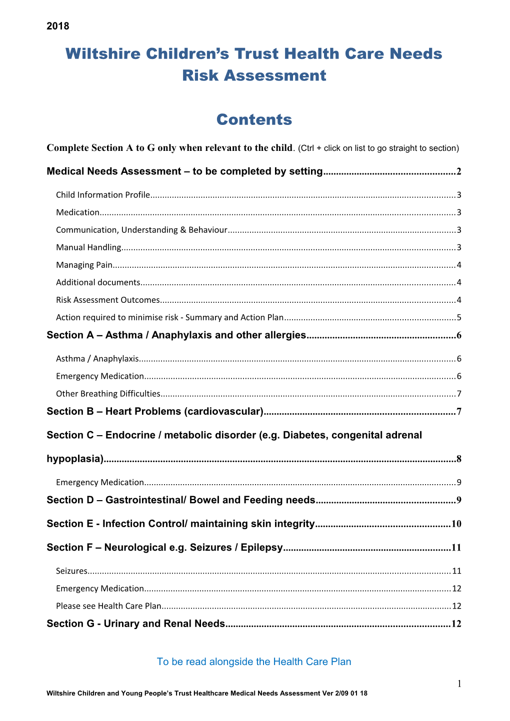 Wiltshire Children S Trust Health Care Needs Risk Assessment