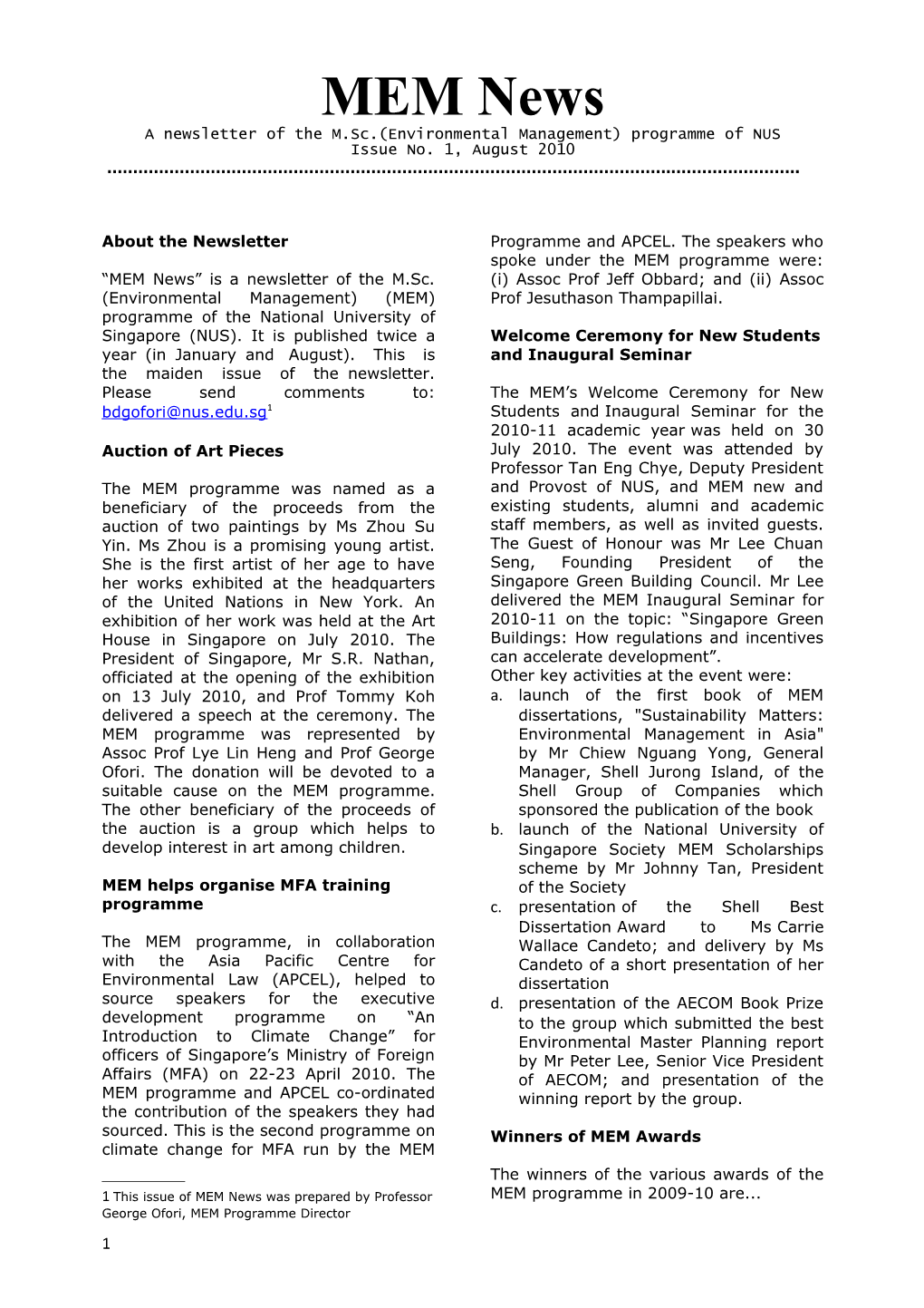 A Newsletter of the M.Sc.(Environmental Management) Programme of NUS