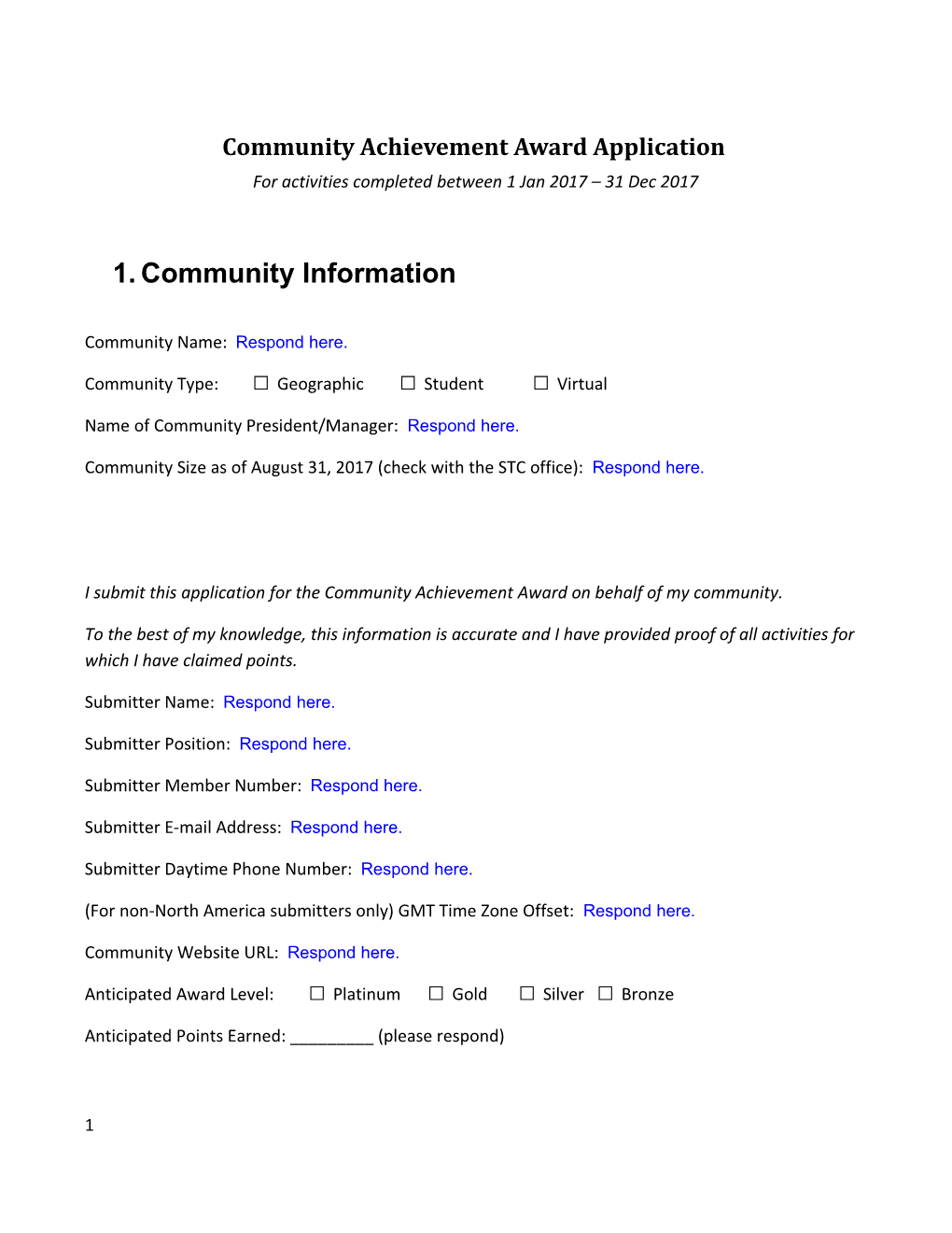 Community Achievement Award Application