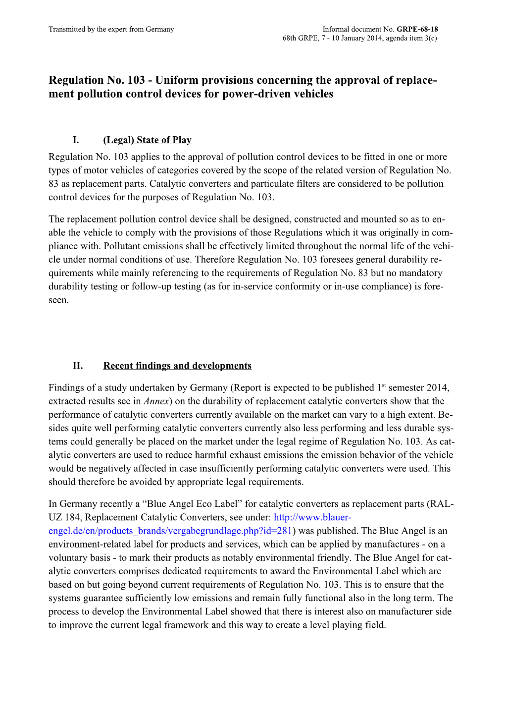 Regulation No. 103 - Uniform Provisions Concerning the Approval of Replacement Pollution