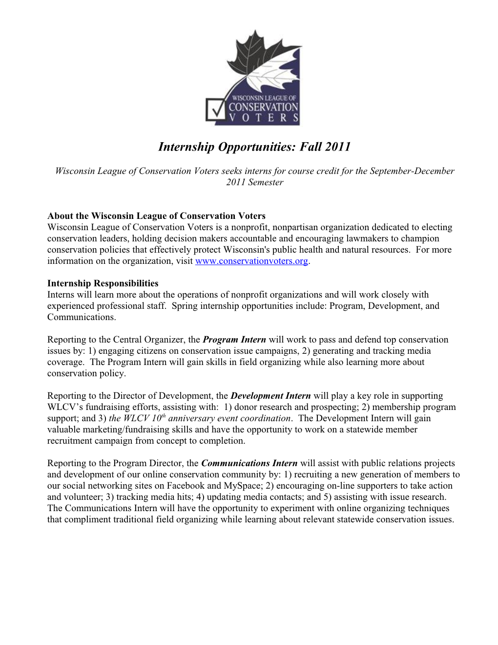 The Wisconsin League of Conservation Voters Seeks a Summer Intern for Course Credit