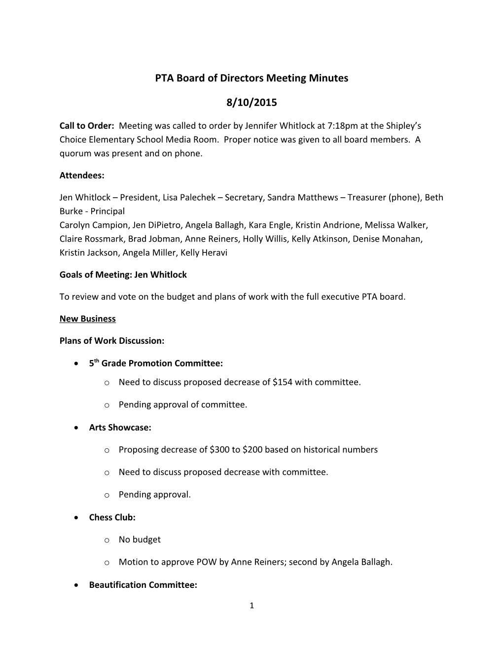 PTA Executive Board Meeting Minutes 8/10/15