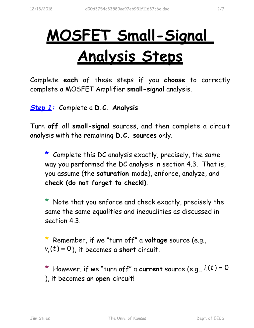 12/14/2018Steps for MOSFET Small Signal Analysis1/7