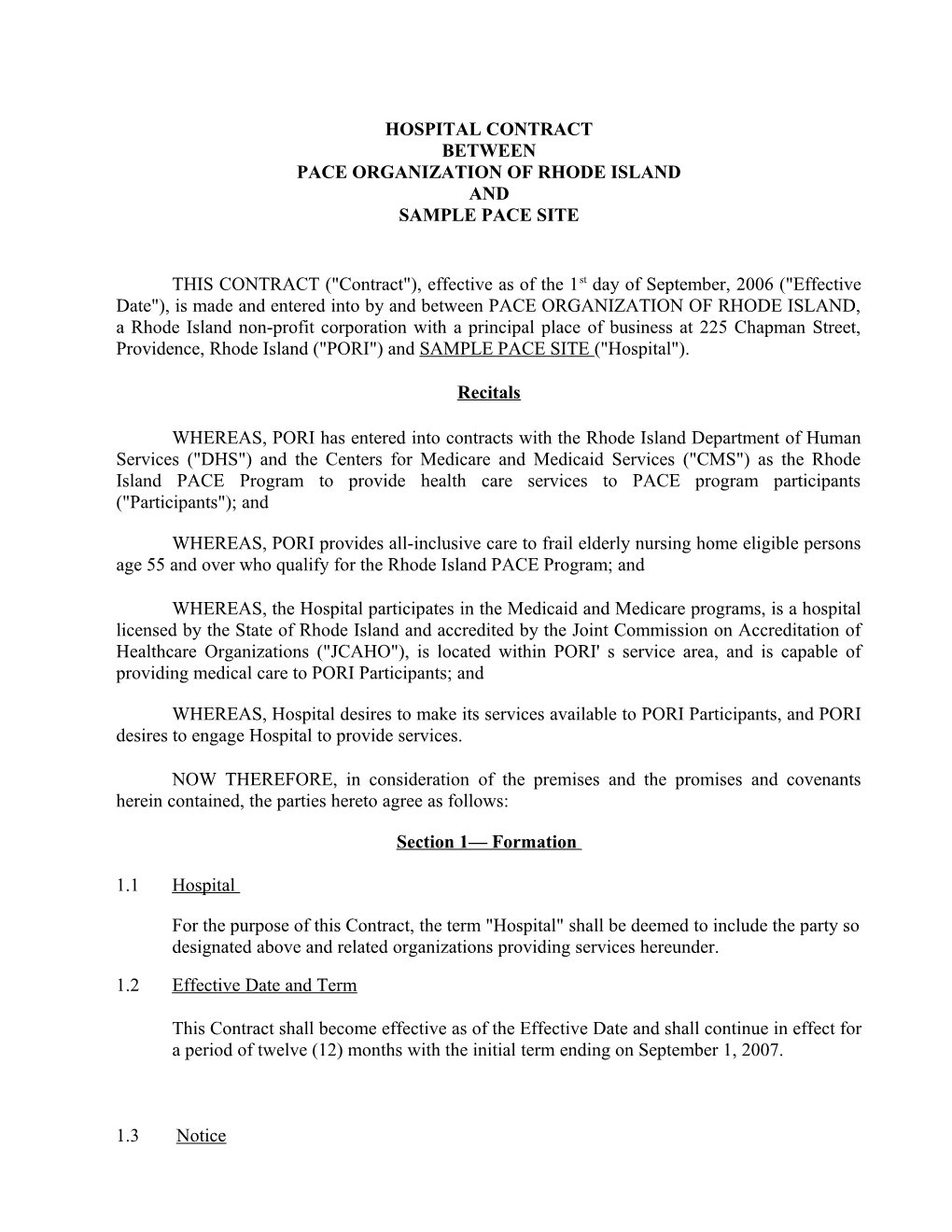 Hospital Contract Between Pace Organization of Rhode Island and Sample Pace Site