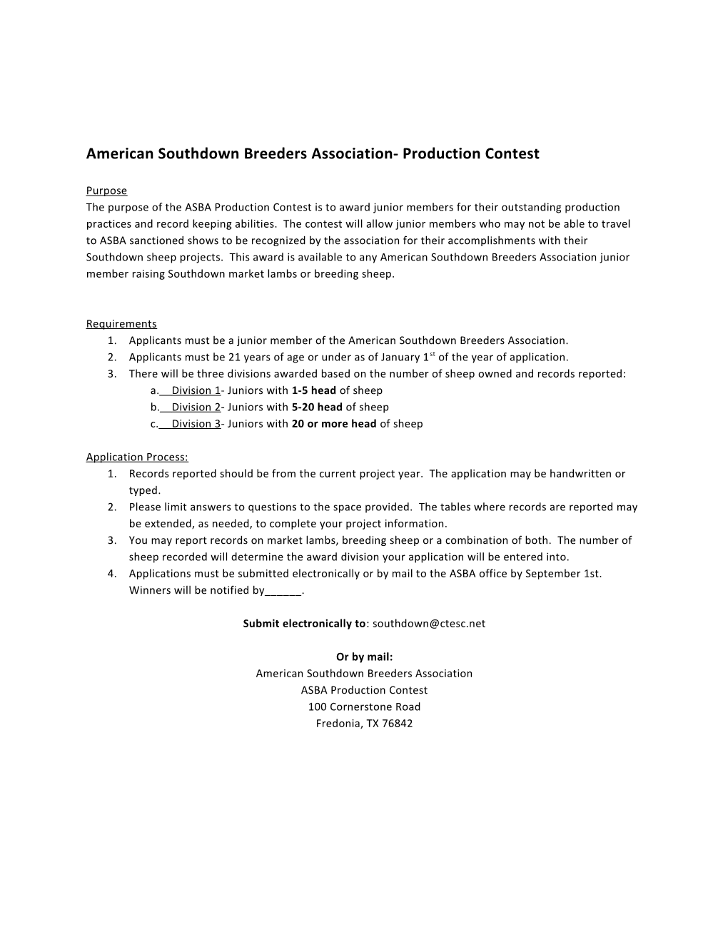American Southdown Breeders Association- Production Contest