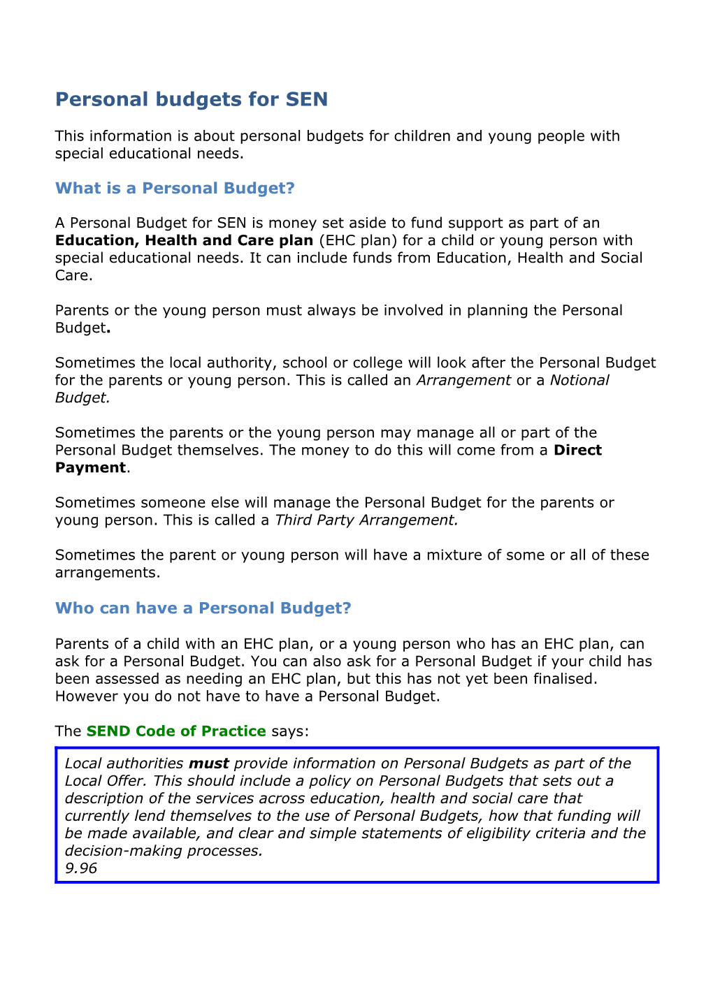 Personal Budgets for SEN