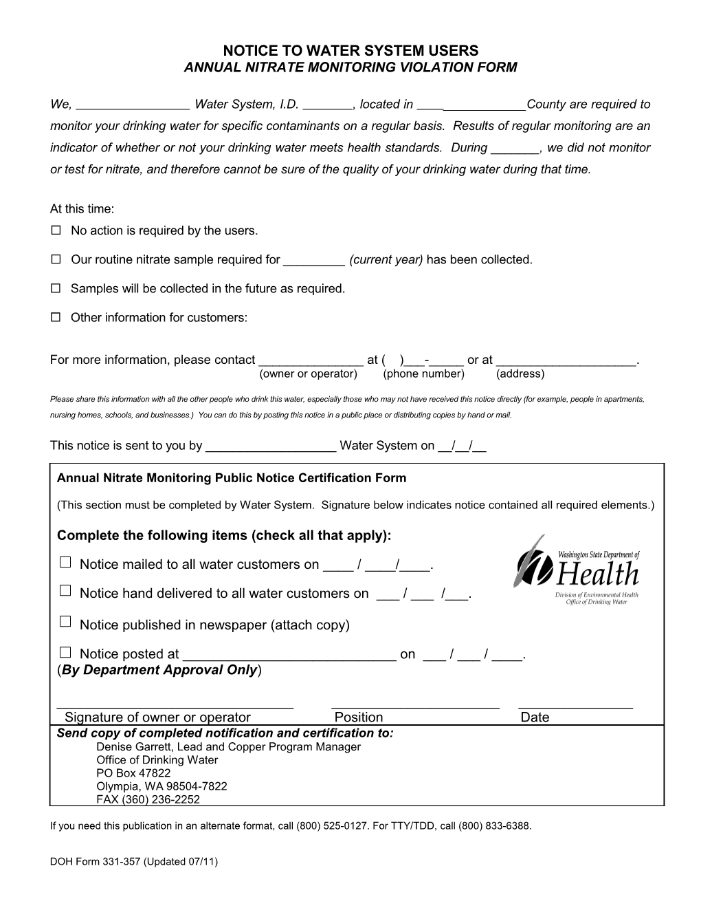 Annual Nitrate Monitoring Public Notice Certification Form