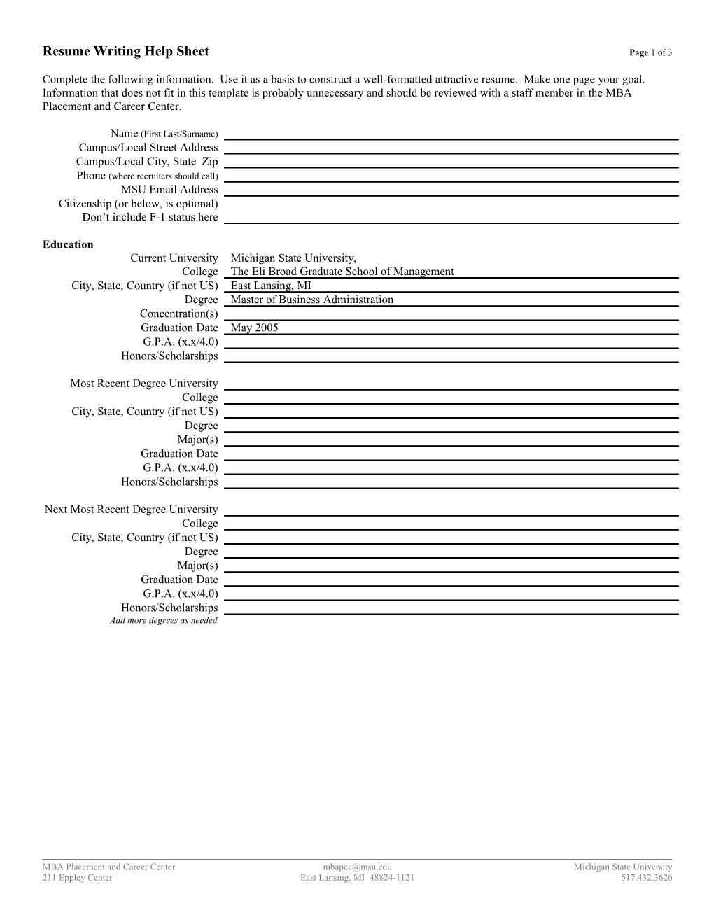Resume Writing Help Sheetpage 1 of 3