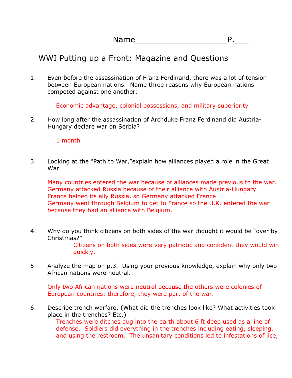 WWI Putting up a Front: Magazine and Questions