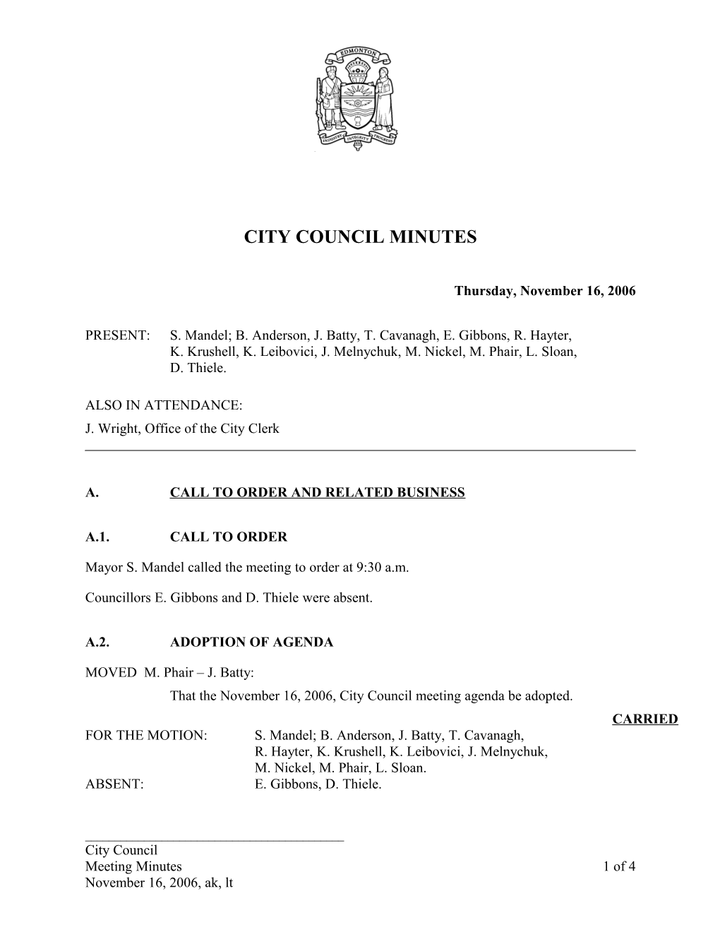 Minutes for City Council November 16, 2006 Meeting